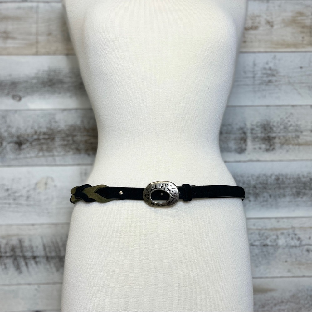 Anthropologie Vintage Black Suede Belt Green Braided Size S M Silver Buckle - Picture 1 of 8
